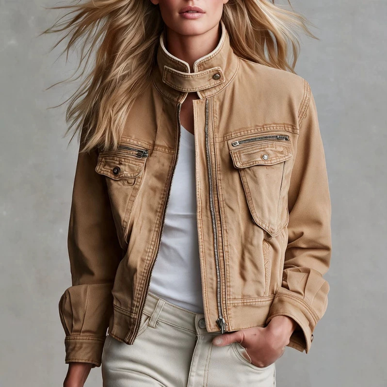Classic Retro Brown Stand-Collar Jacket
