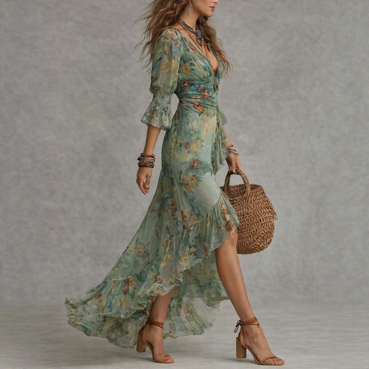 Floral V-Neck High-Low Midi Dress with Flared Sleeves