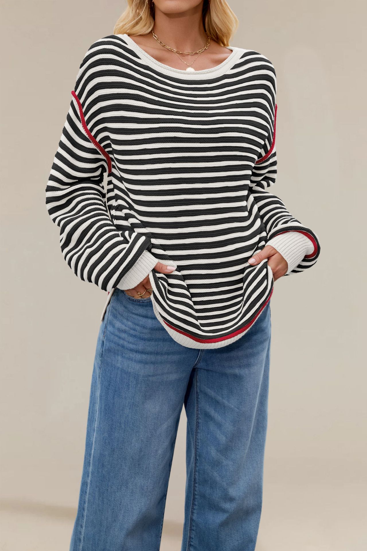 Striped Knit Sweater Crewneck Pullover Loose Long Sleeve