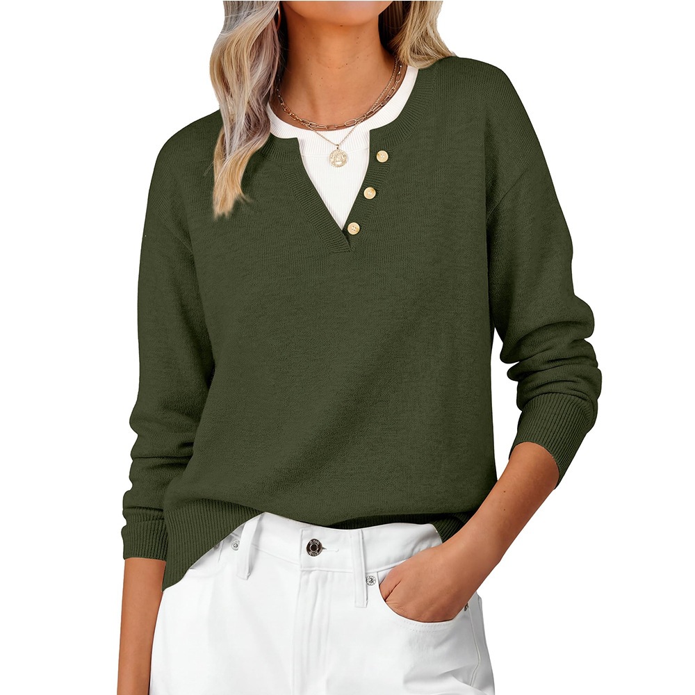 V-Neck Button Colorblock Faux-Layer Sweater