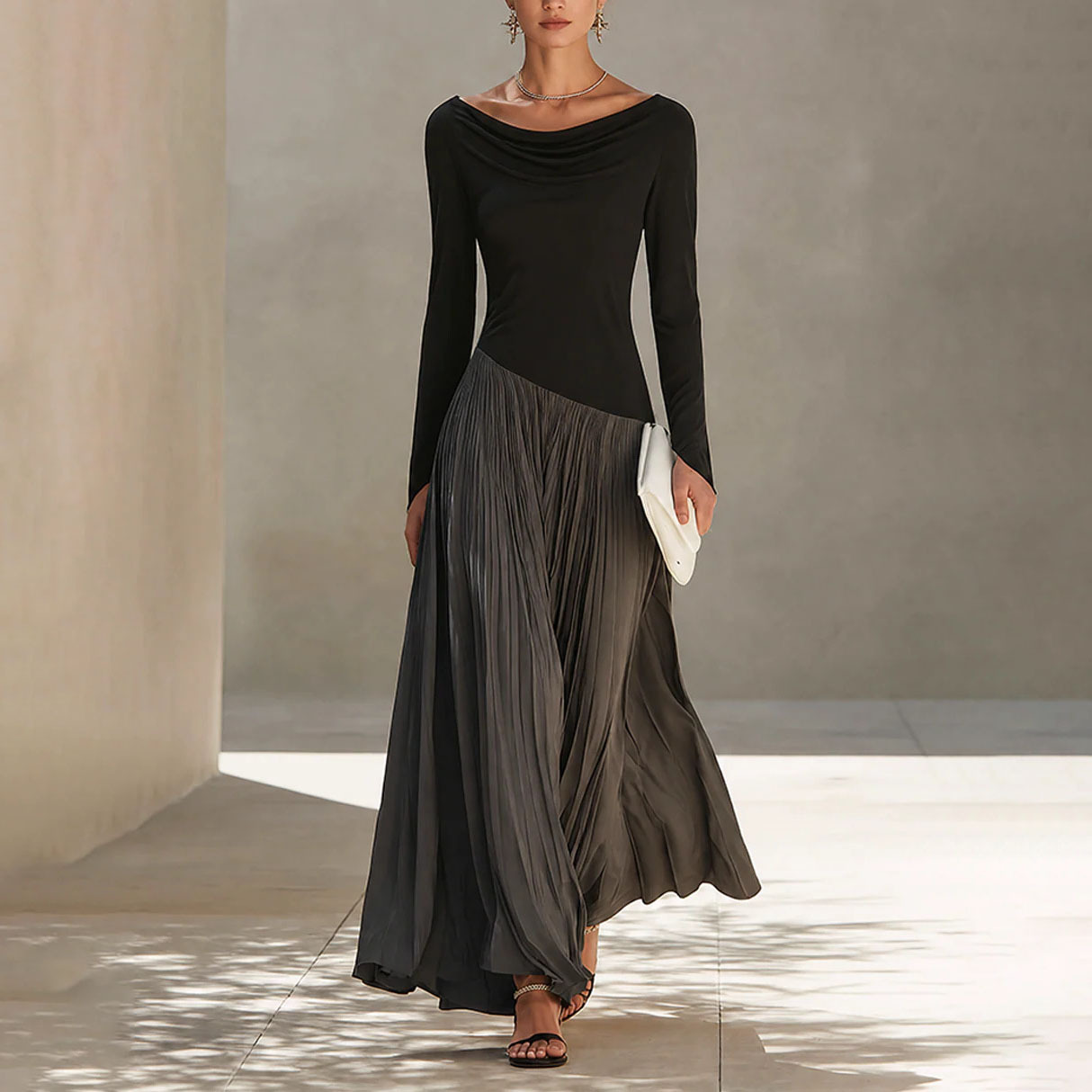 Women's Color-Block Long Sleeve A-Line Dress