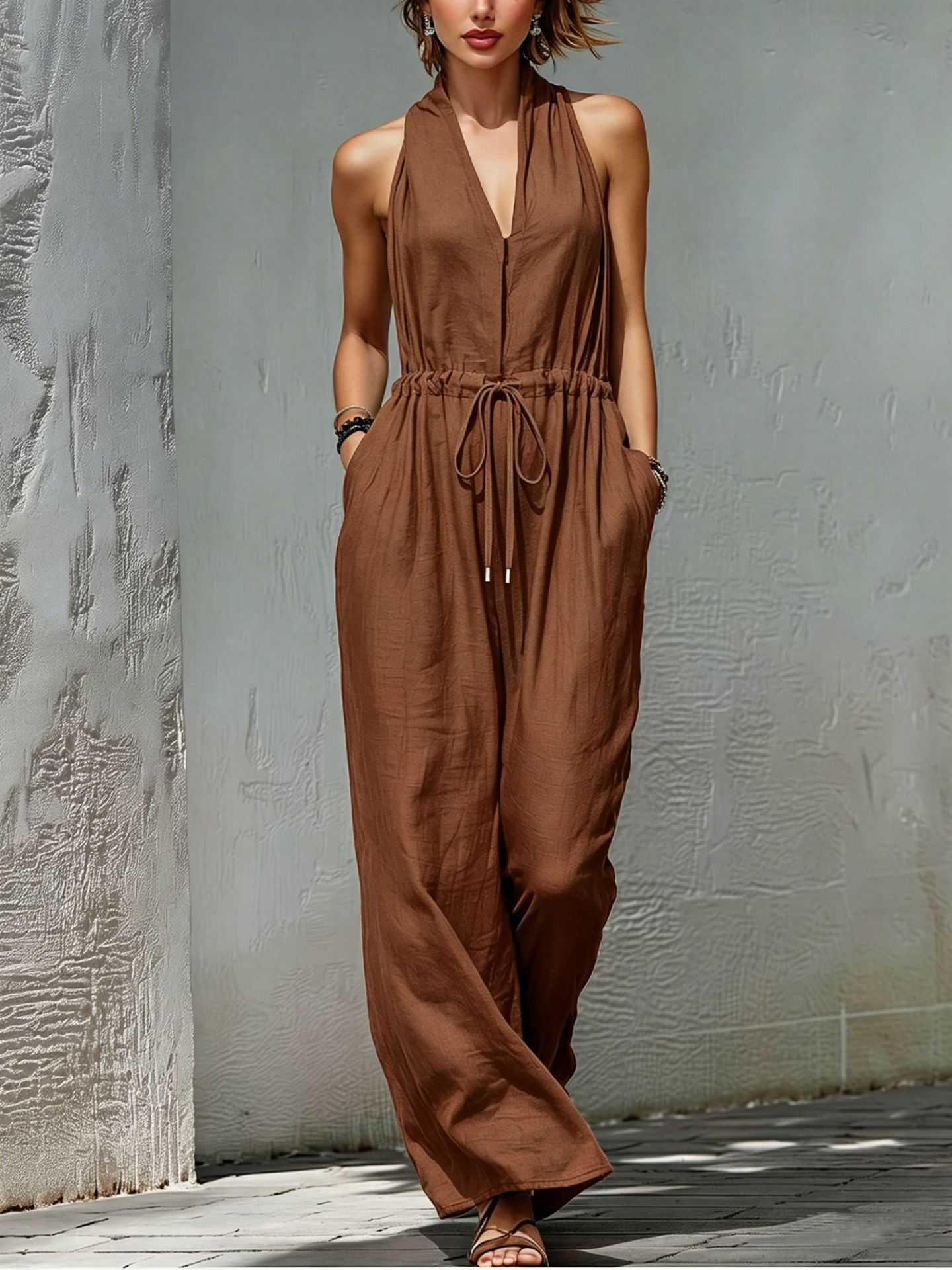 Women's Sleeveless Solid Color Long Wide-Leg Jumpsuit for Vacation