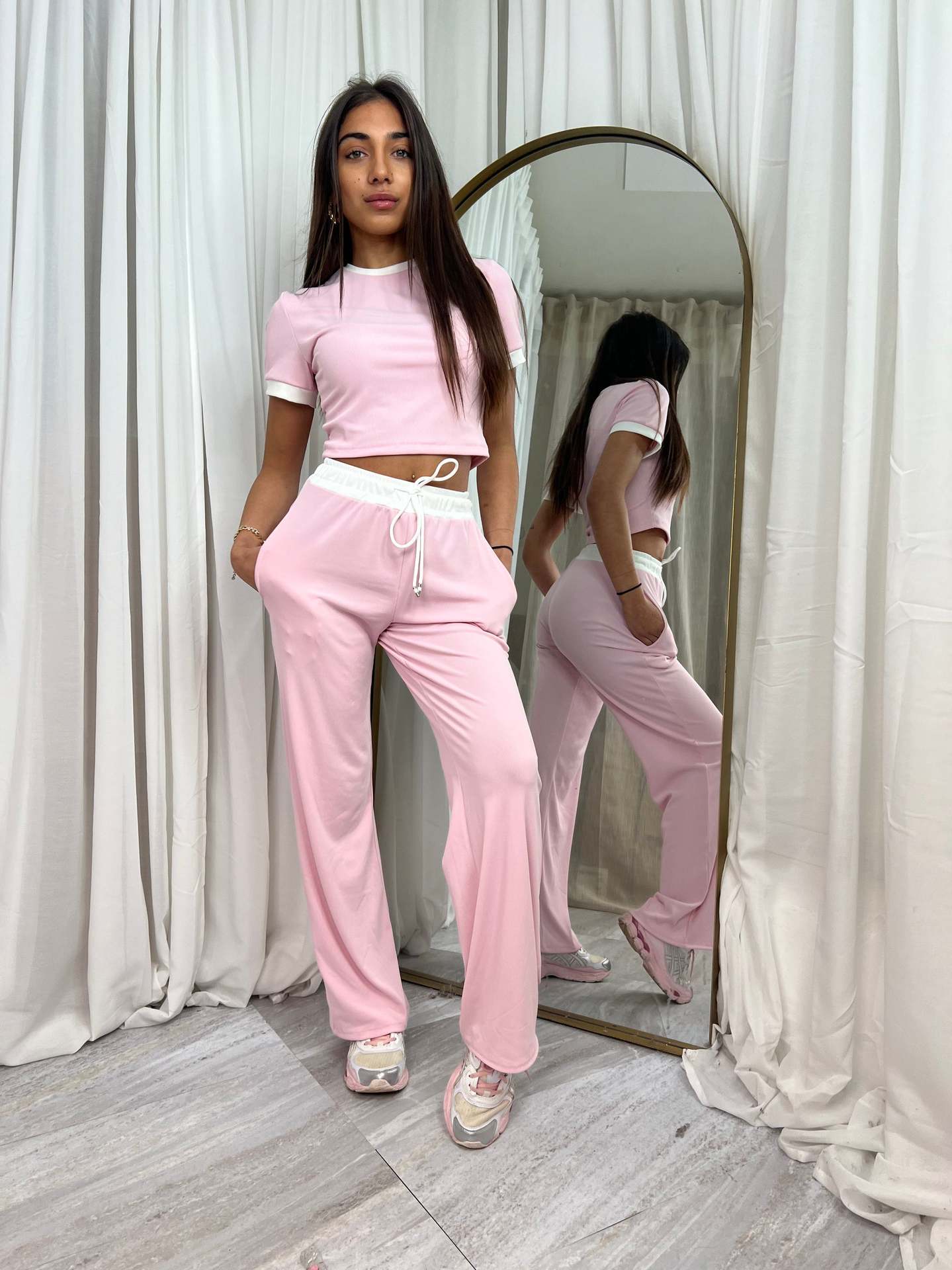 Women's Colorblock Short Sleeve Top and Drawstring Wide Leg Pants Set