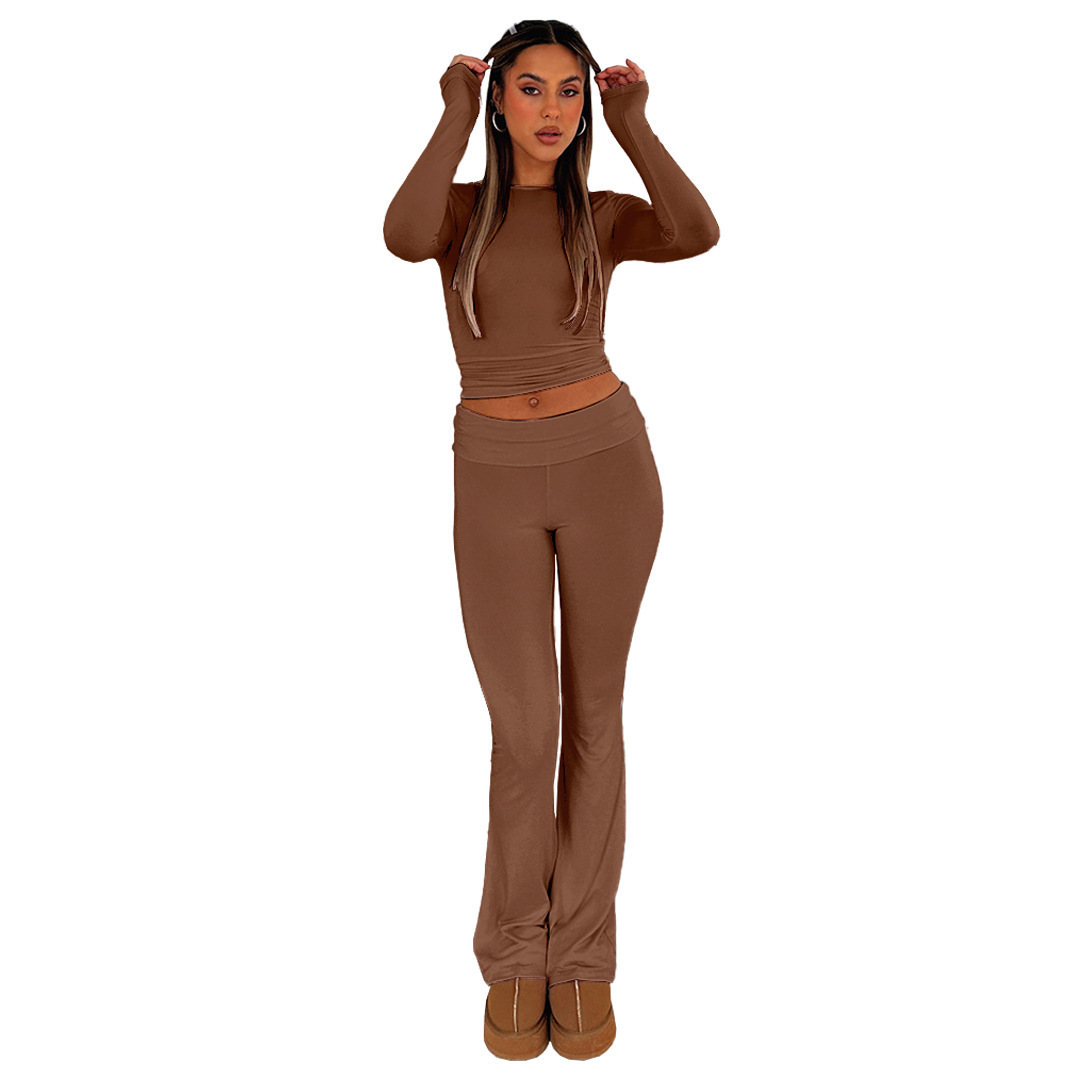 Women's Solid Color Long Sleeve Top and Pants Two-Piece Set