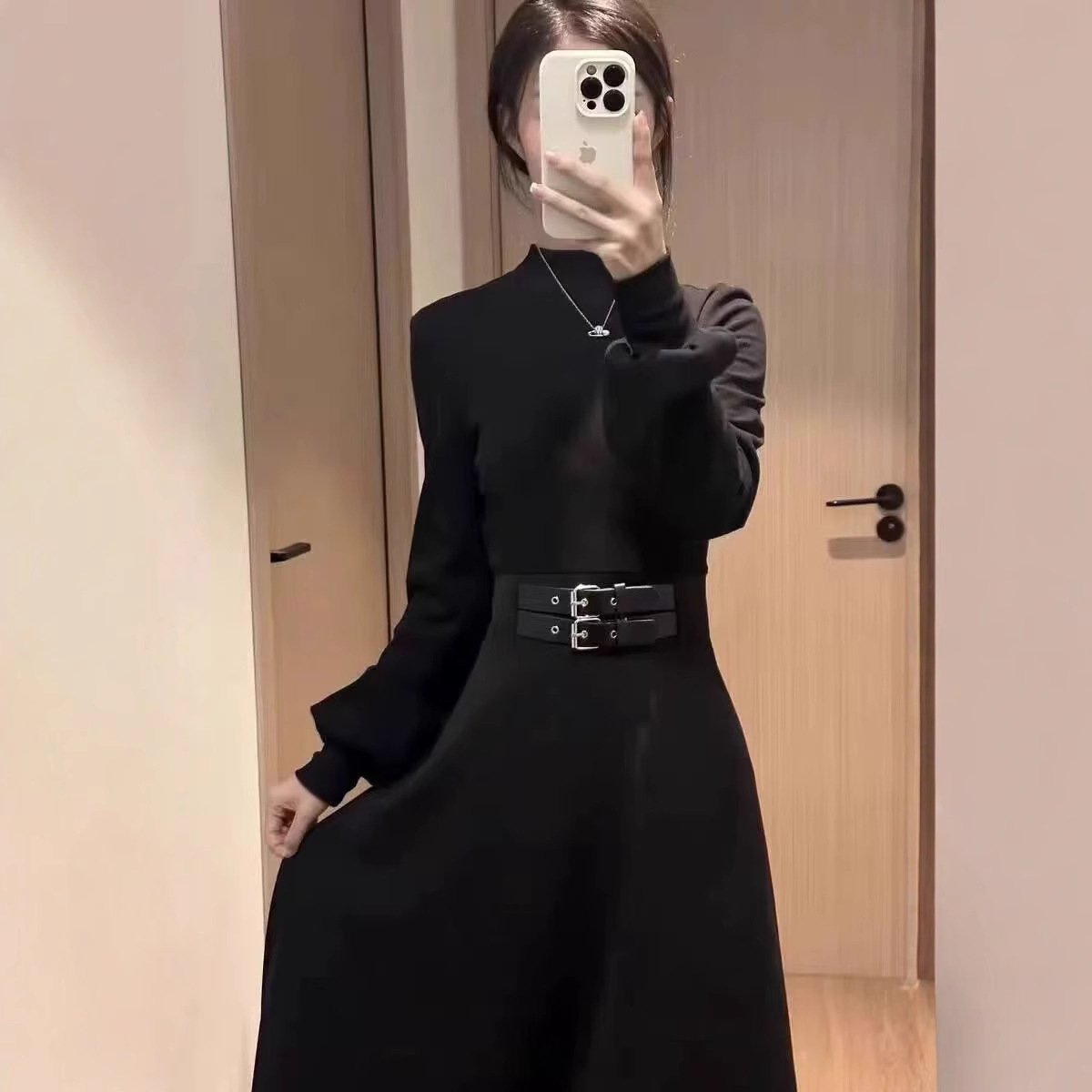 French Hepburn Style Cinched Waist Long Sleeve Black Dress