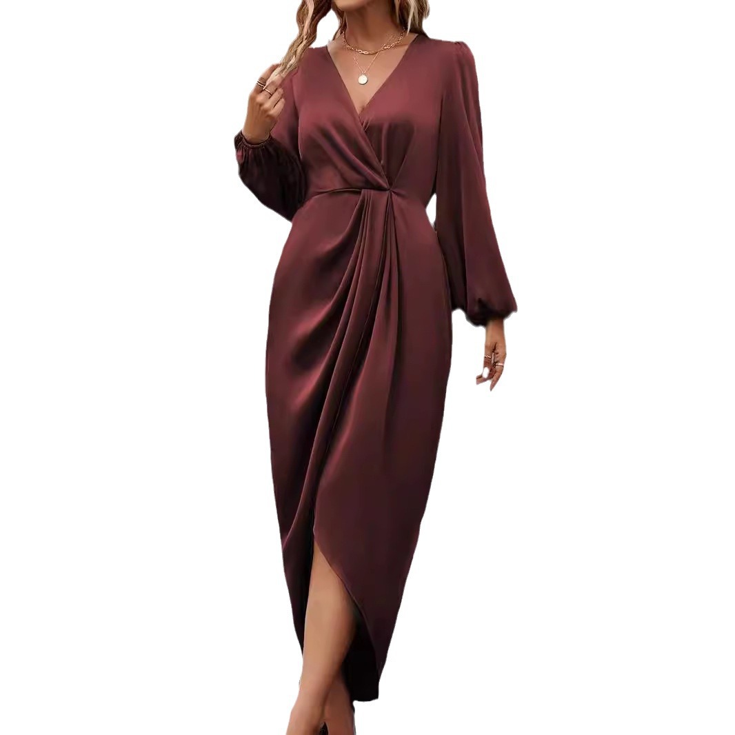 Women's Solid V-Neck Long Sleeve Split Waist Dress