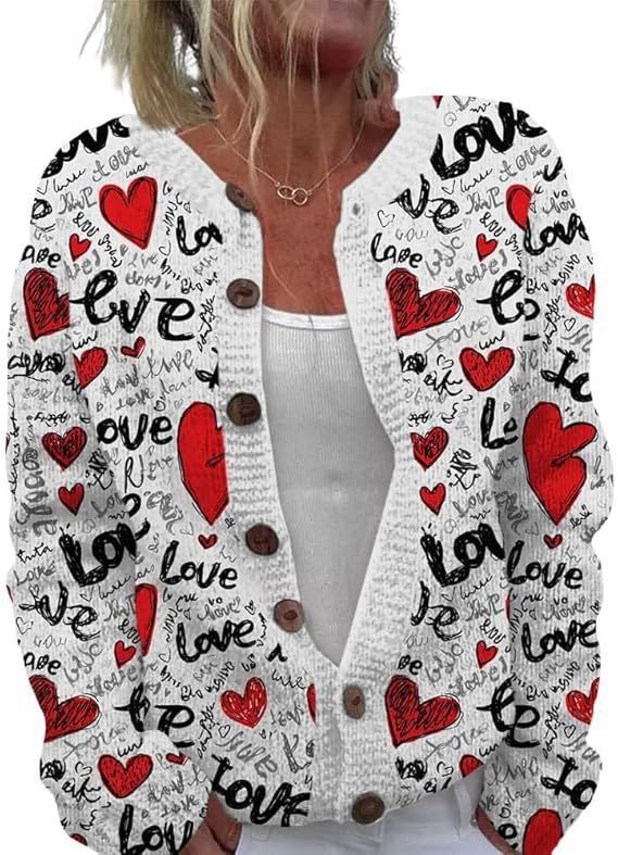 Women's Heart Print Button Cardigan Sweater
