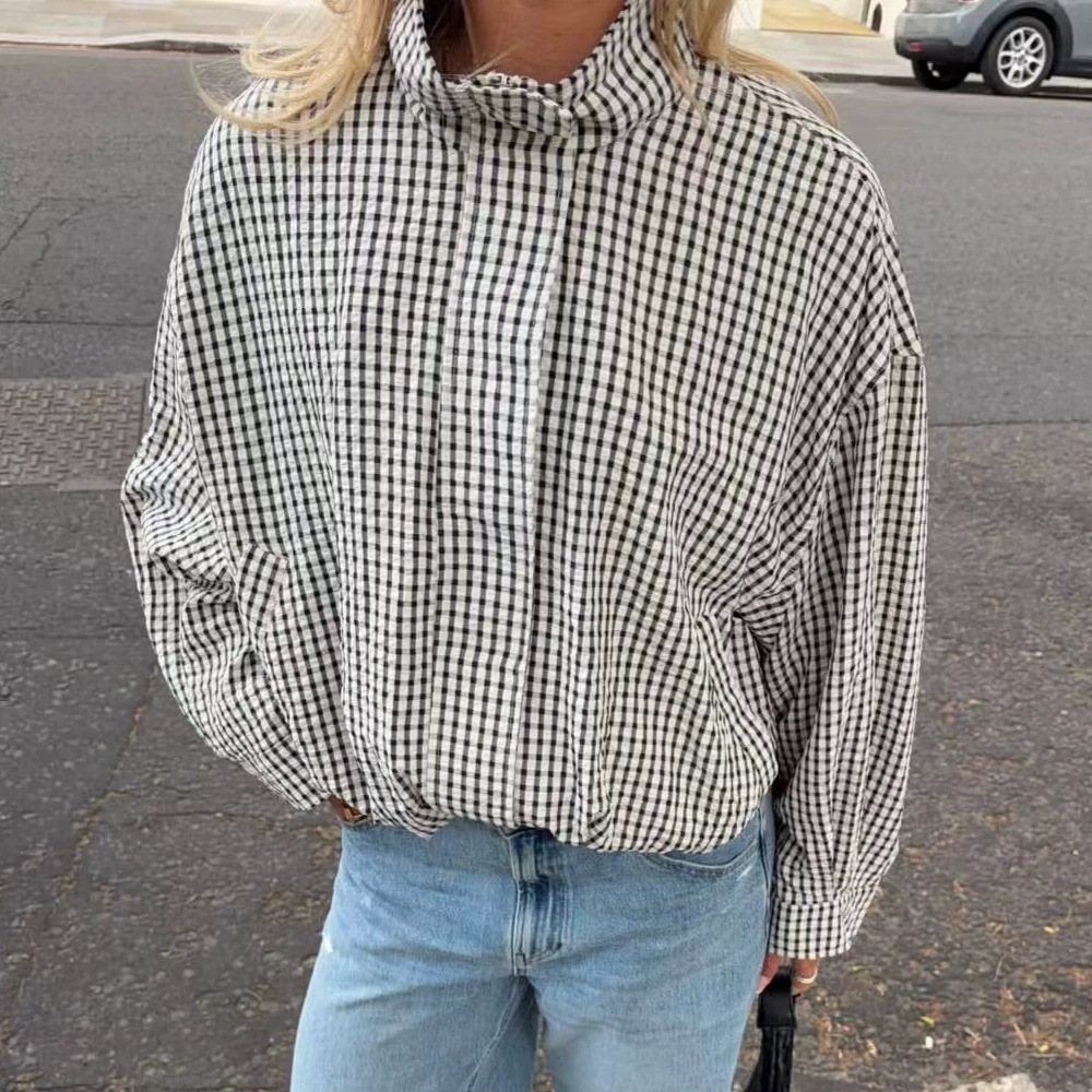 Black and White Plaid Zip-Up Jacket with Stand Collar