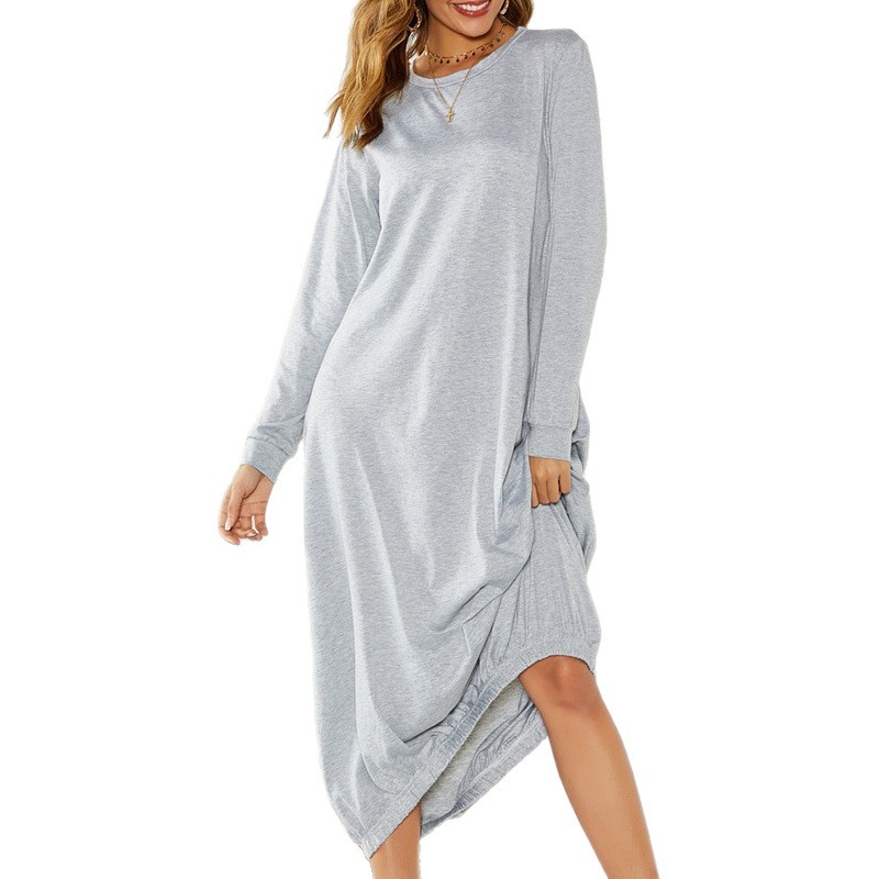 Women's Loose Fit Long Sleeve Round Neck Pullover Dress with Drawstring Hem