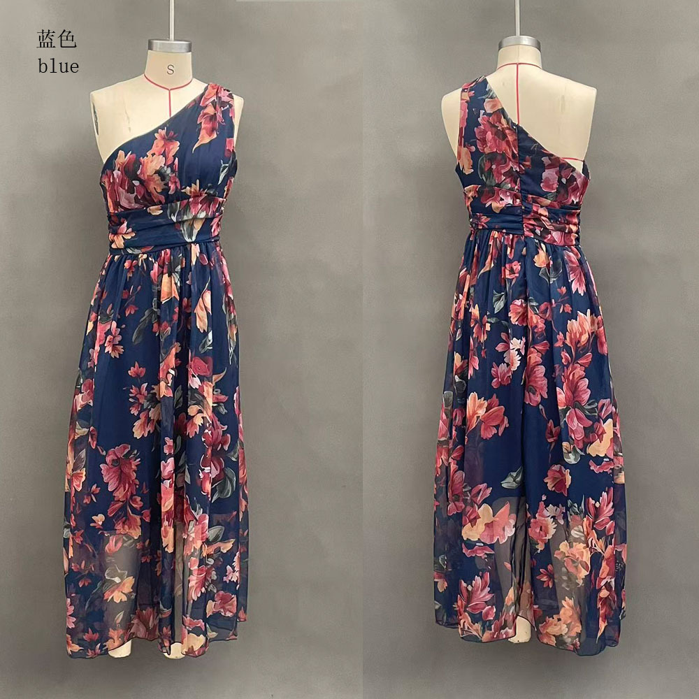 Digital Print One-Shoulder Sleeveless A-Line Midi Dress