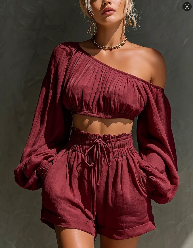 French Lazy Style One-Shoulder Long-Sleeve Crop Top & High-Waist Ruffle Shorts Set