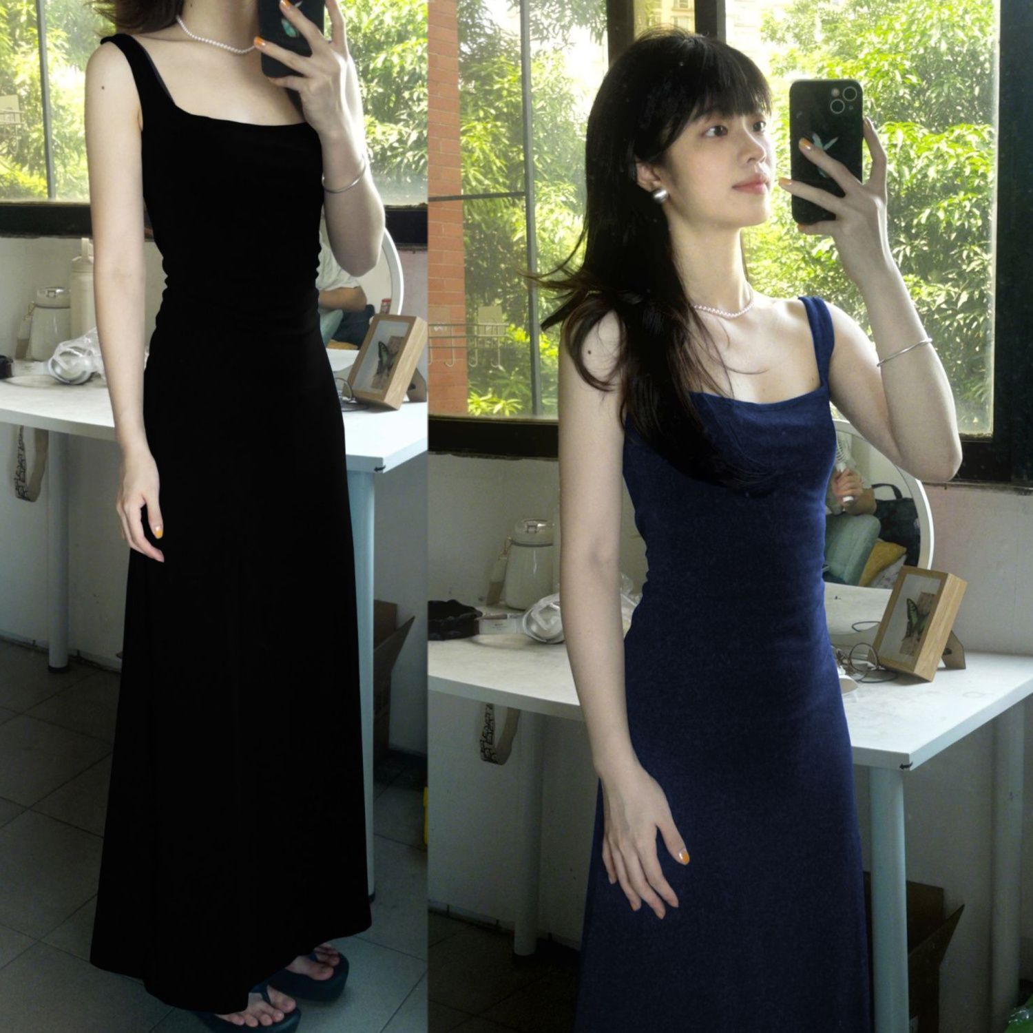 Navy Square Neck Sleeveless Bodycon Midi Dress