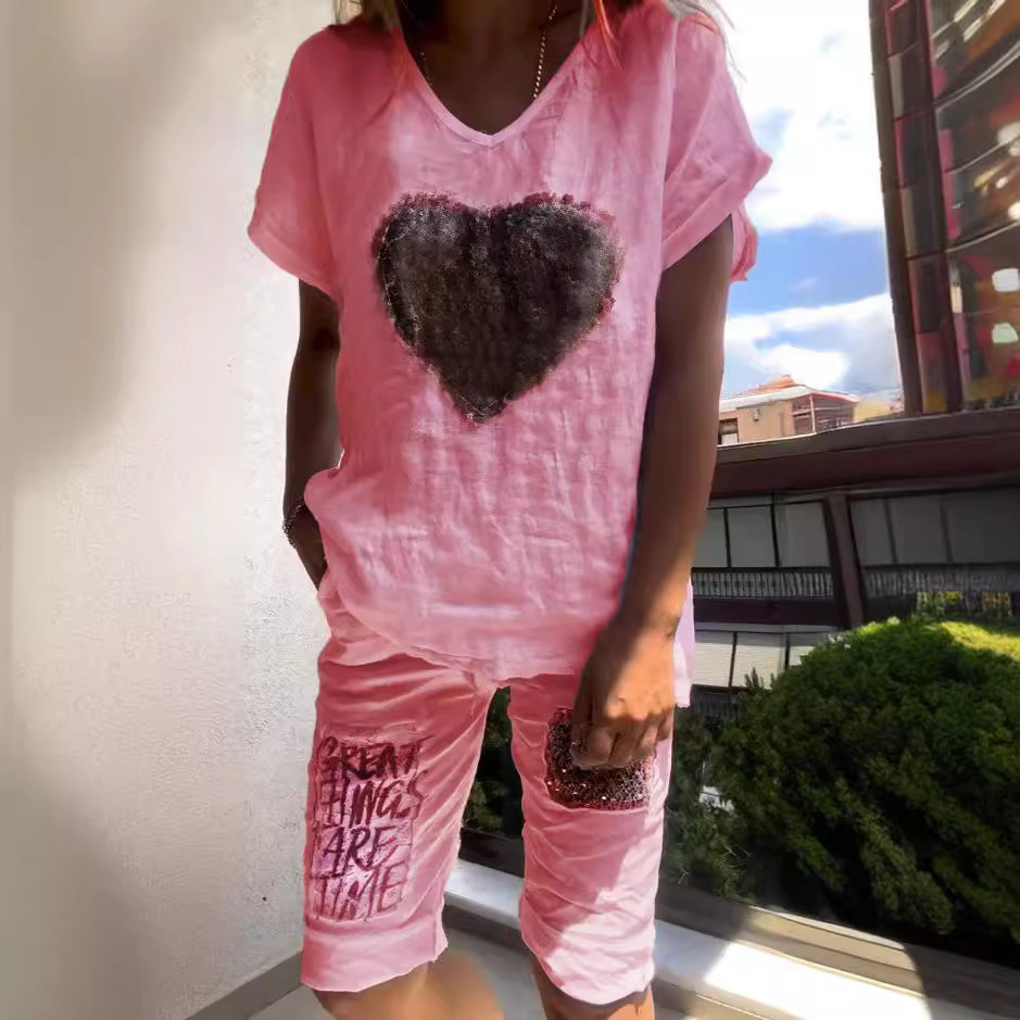 Women's Casual Loose Heart Sequin Cotton-Linen Two-Piece Set