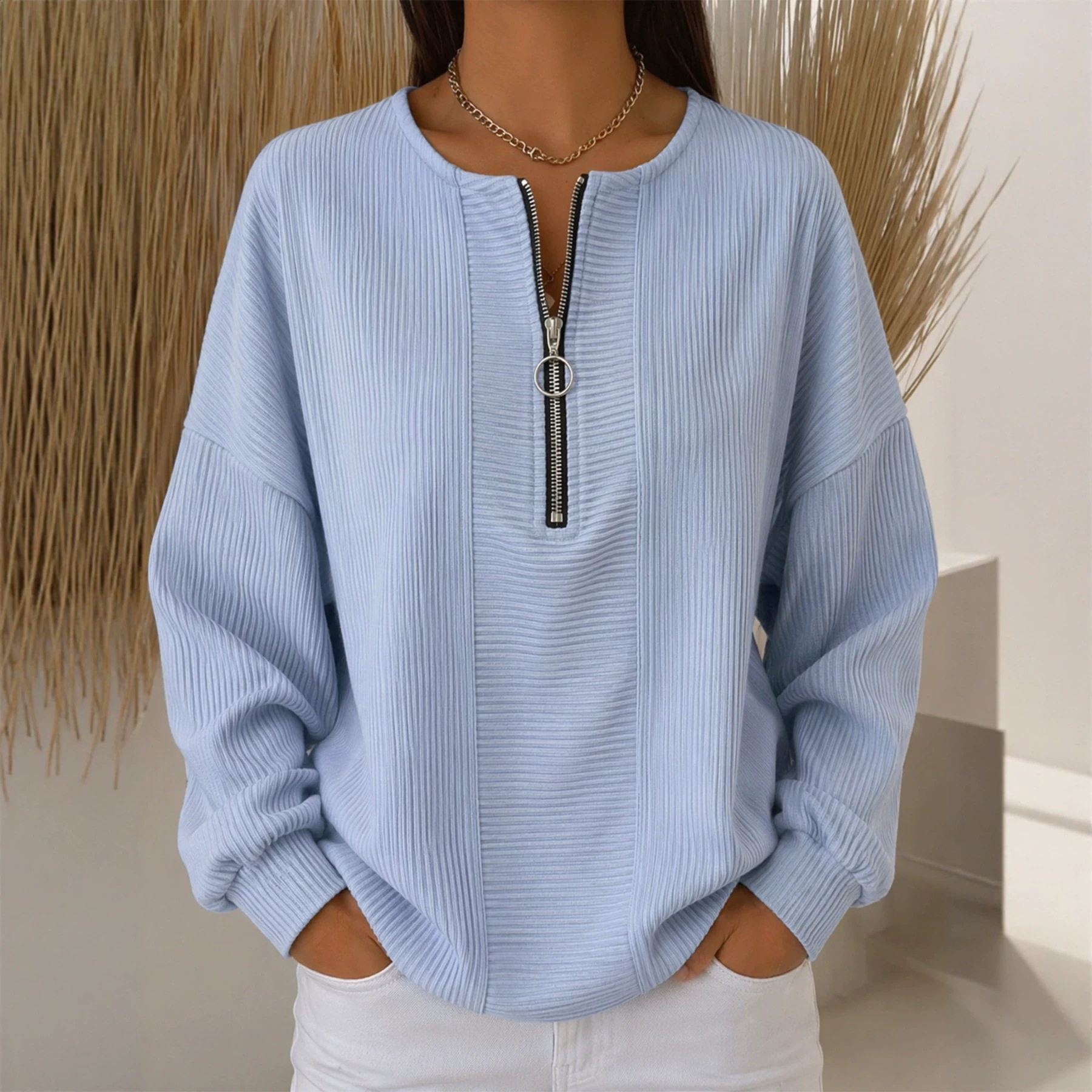 Snake-Textured Half-Zip Crewneck Loose Long-Sleeve Top for Women