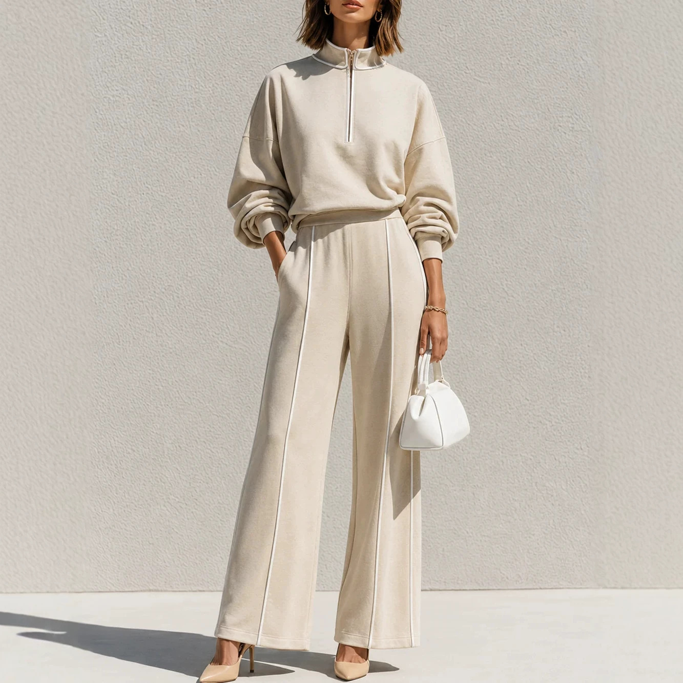 Women's Half-Zip Stand Collar Sweatshirt & High-Waist Wide-Leg Pants Set