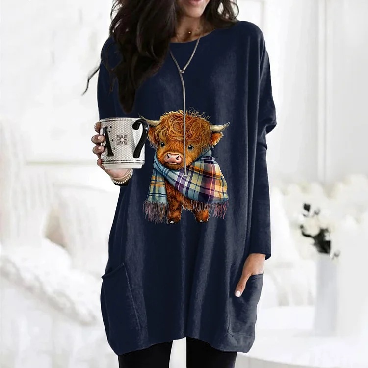 Women's Animal Print A-Line Midi Dress Long Sleeve Crew Neck Casual