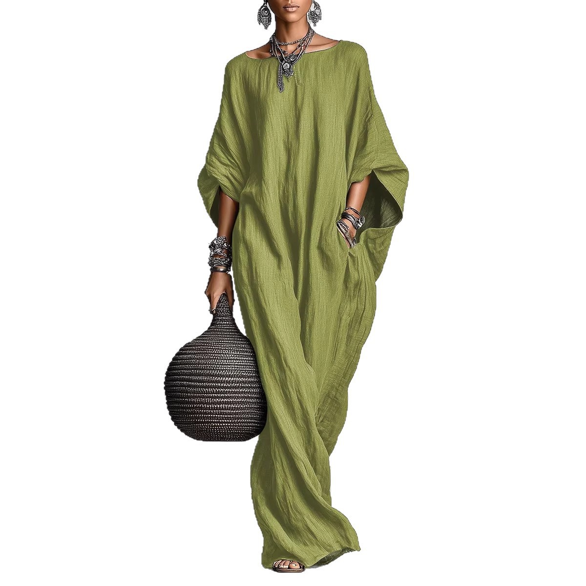 Casual Faux Linen Batwing Sleeve Loose Midi Dress