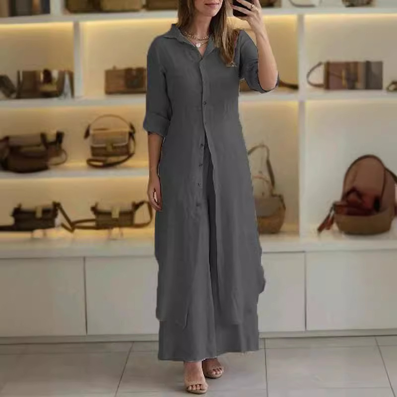 Urban Elegant Cotton-Linen Slim Waist Long Shirt & Wide-Leg Pants Set