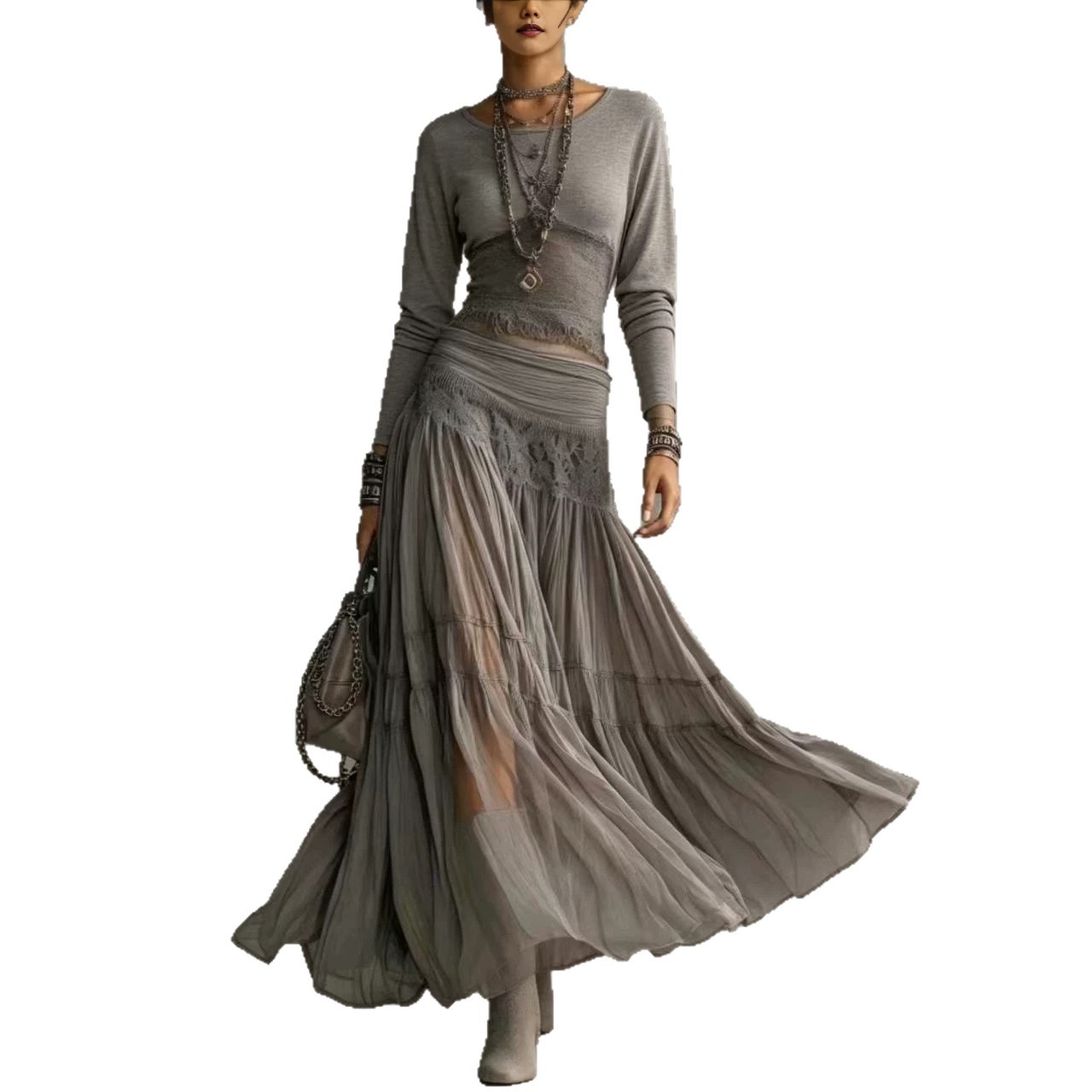 Gray Knit Top & Chiffon Maxi Skirt Two-Piece Set