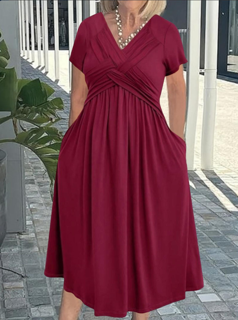Women's Summer Short Sleeve Midi Dress Cross Pleated V-Neck A-Line