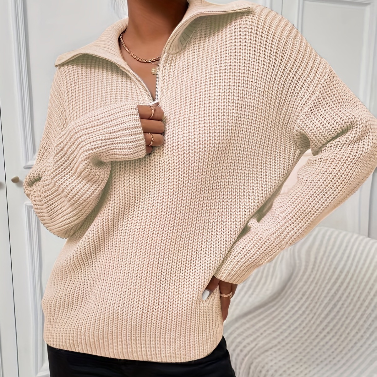 Women's Ribbed Knit Sweater with V-Neck and Lapel Collar, Long Sleeve, Loose Fit, Casual