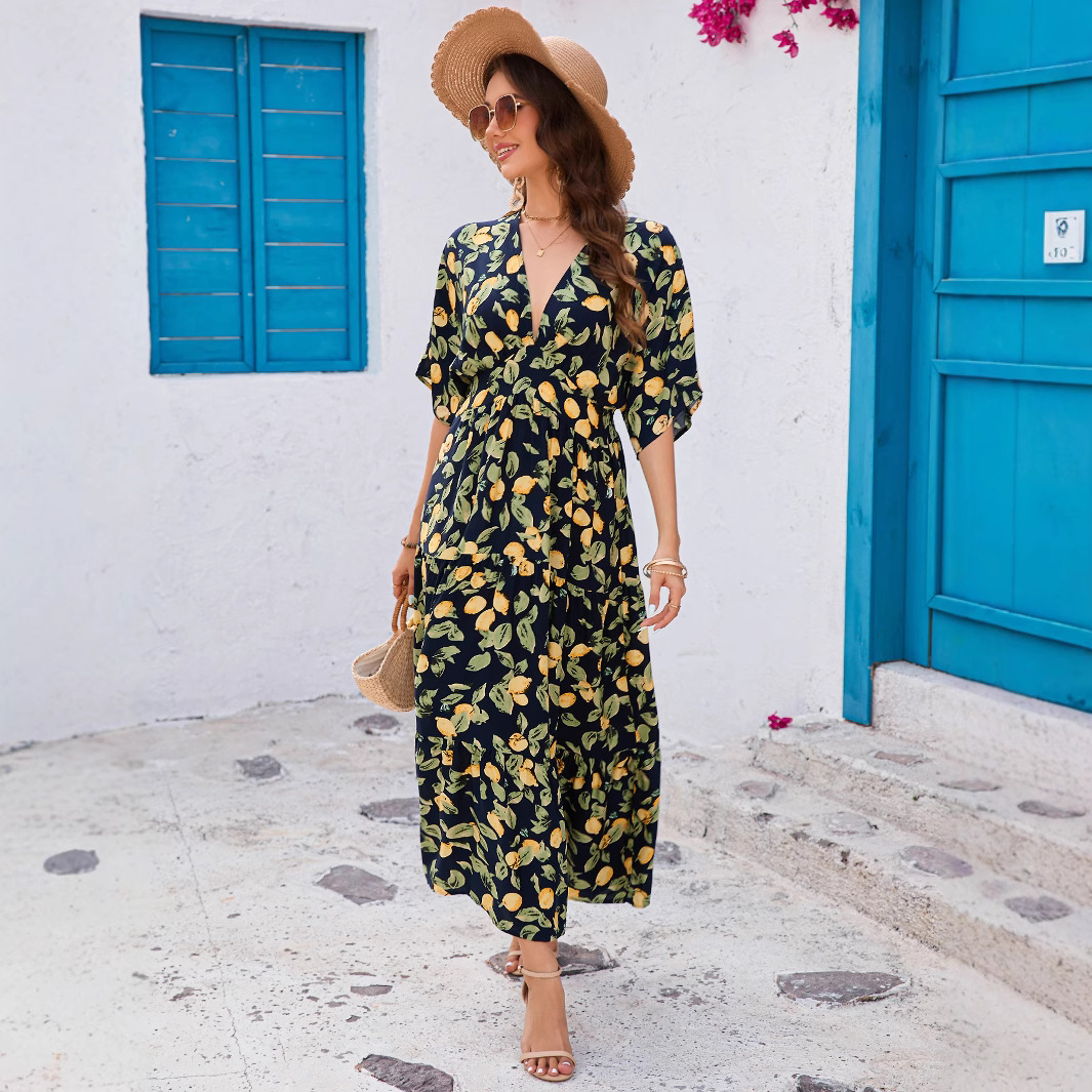 Women's Floral Print Batwing Sleeve Deep V-Neck Waist-Tie Layered Midi Dress