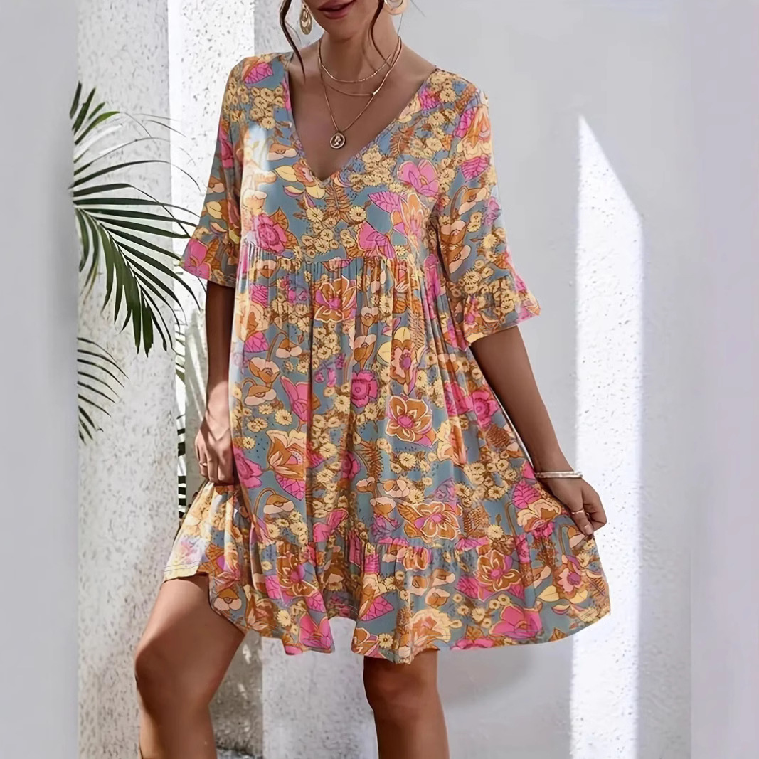 Women's V-Neck Floral Print Boho Dress Short Sleeve High Waist A-Line Orange