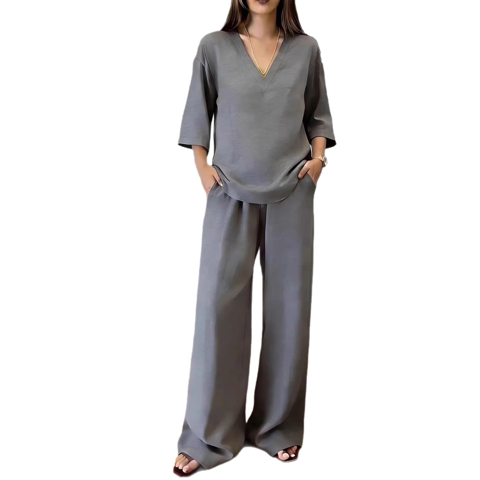 Women's Solid V-Neck Half-Sleeve Top & Wide-Leg Pants Casual Set