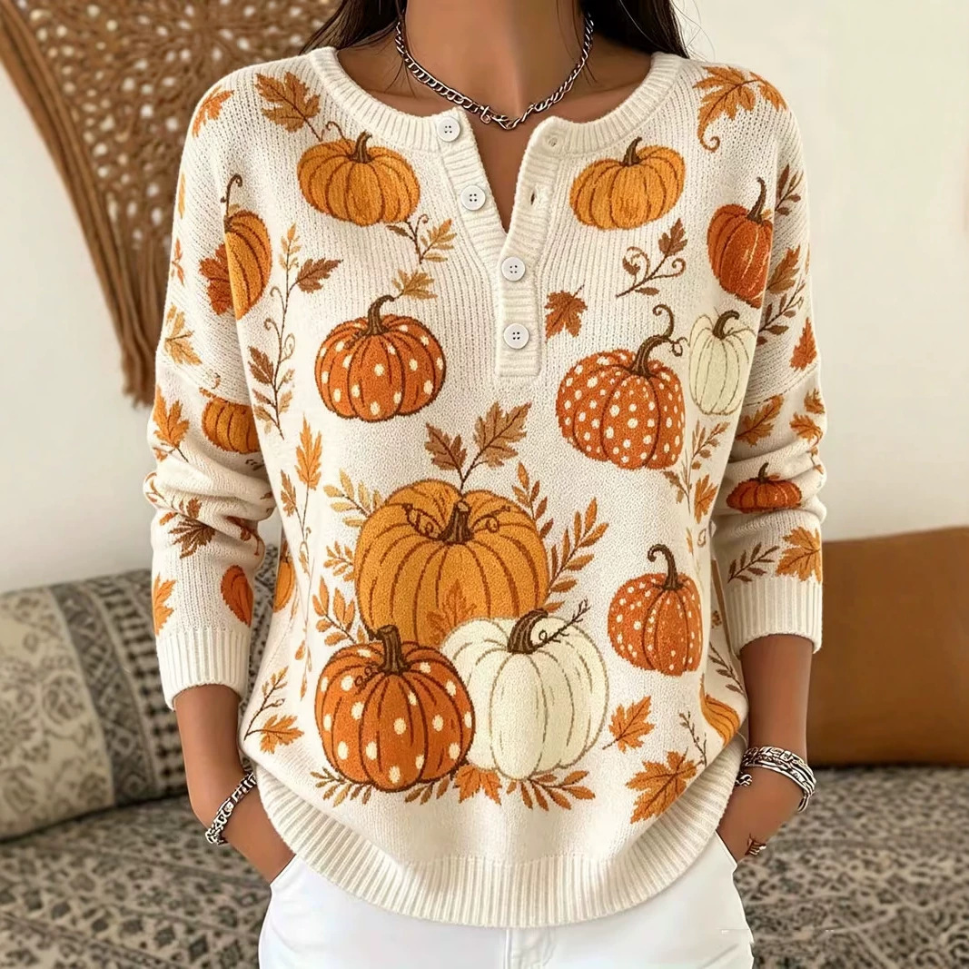 Women's Pumpkin Print Button-Up Casual Sweatshirt