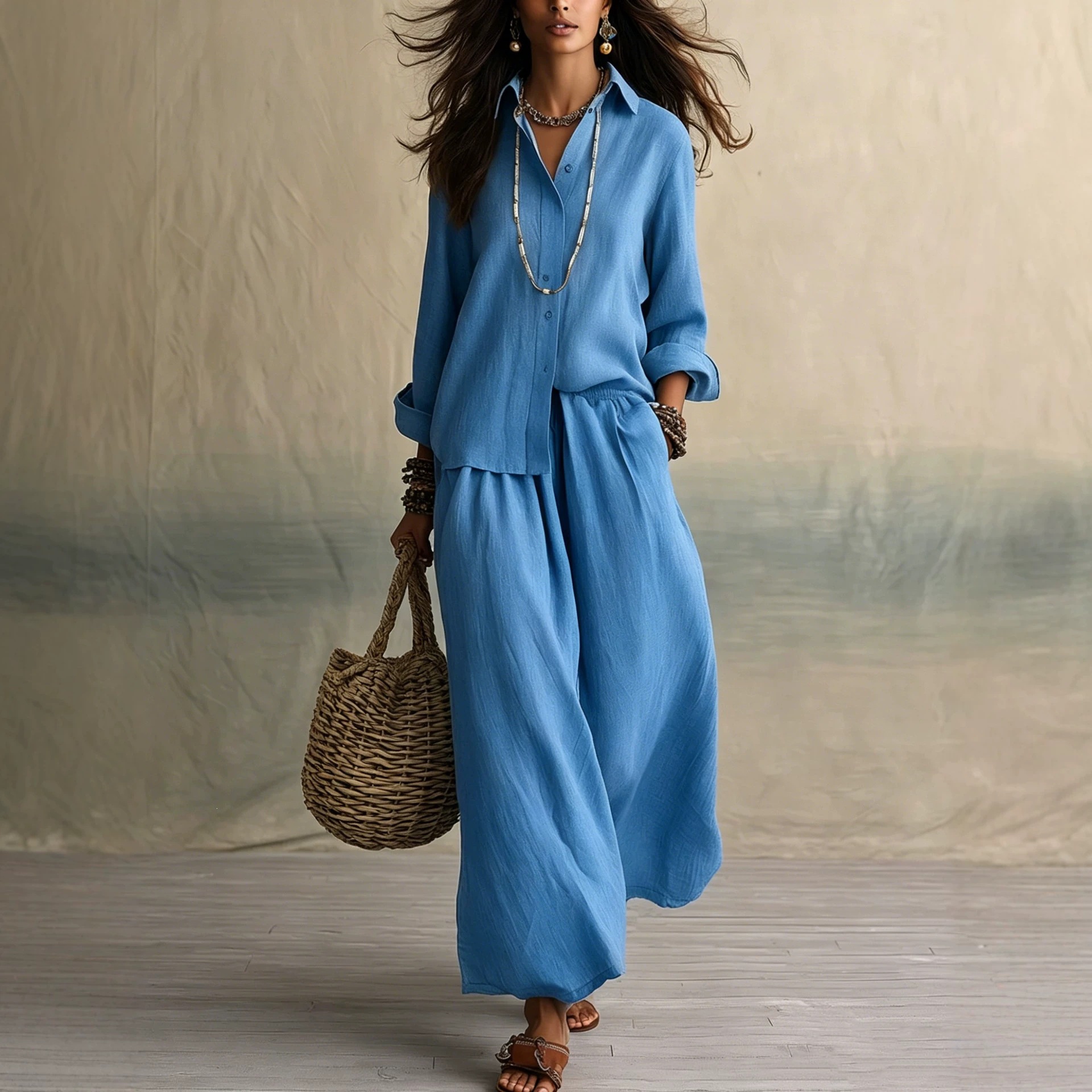 Women's Loose Cotton-Linen Shirt Collar Two-Piece Pants Set