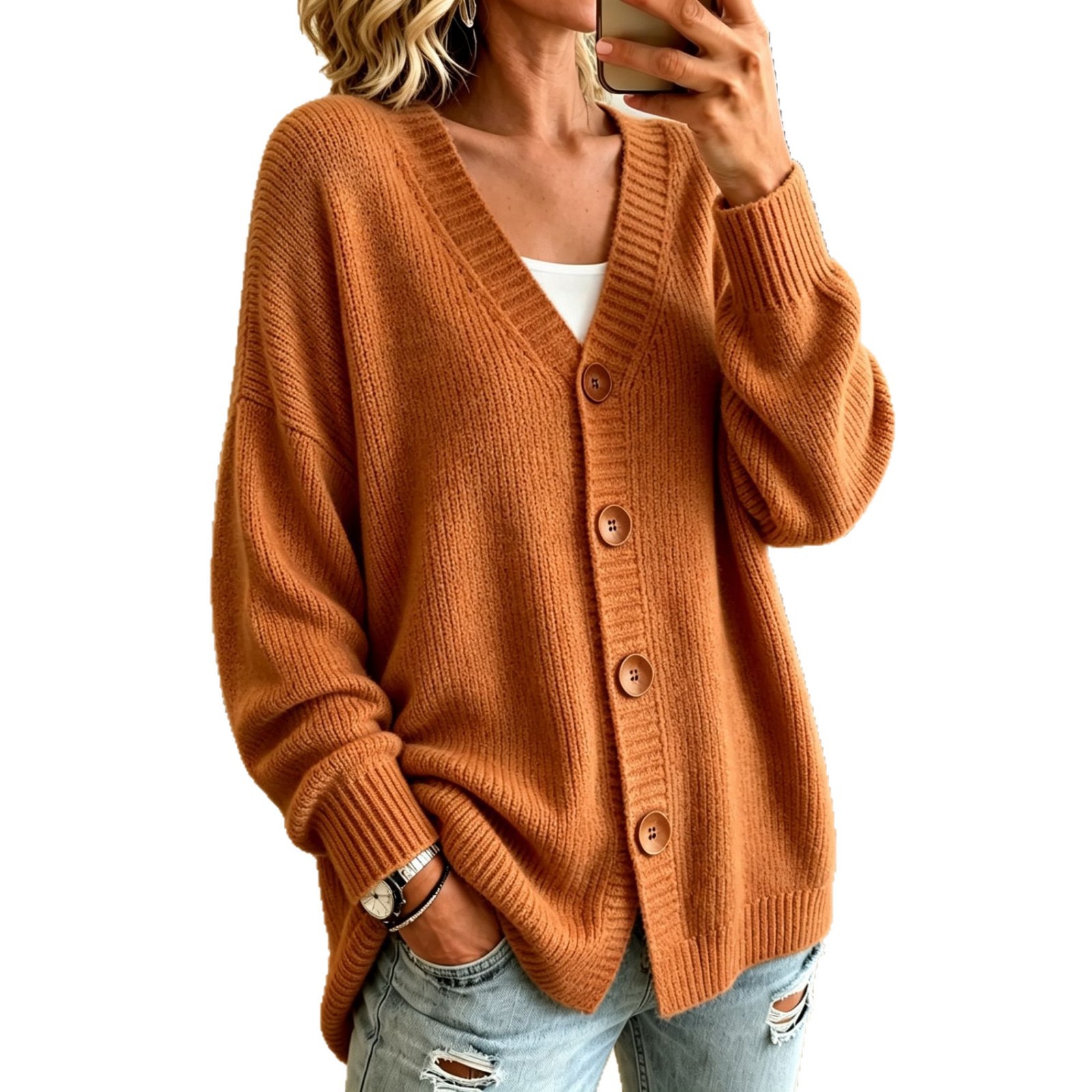 Women's Button-Front V-Neck Knit Cardigan Sweater