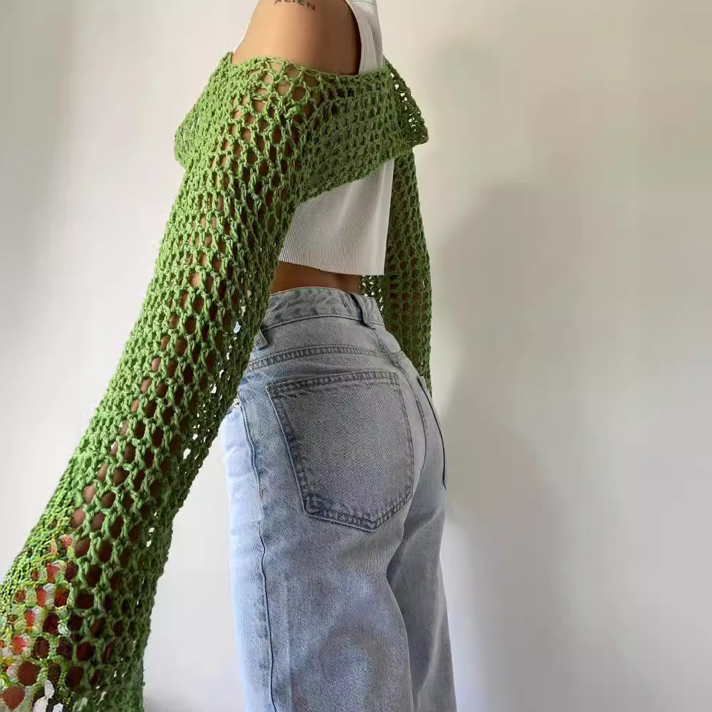 Women's Crochet Mesh Crop Top with Bell Sleeves