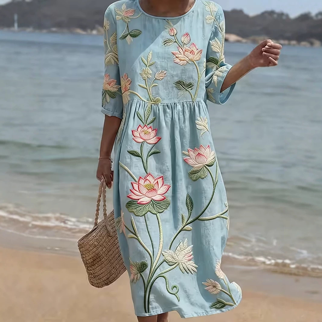 Women's Floral Pleated Midi Dress Round Neck Five-Sleeve Slim Fit