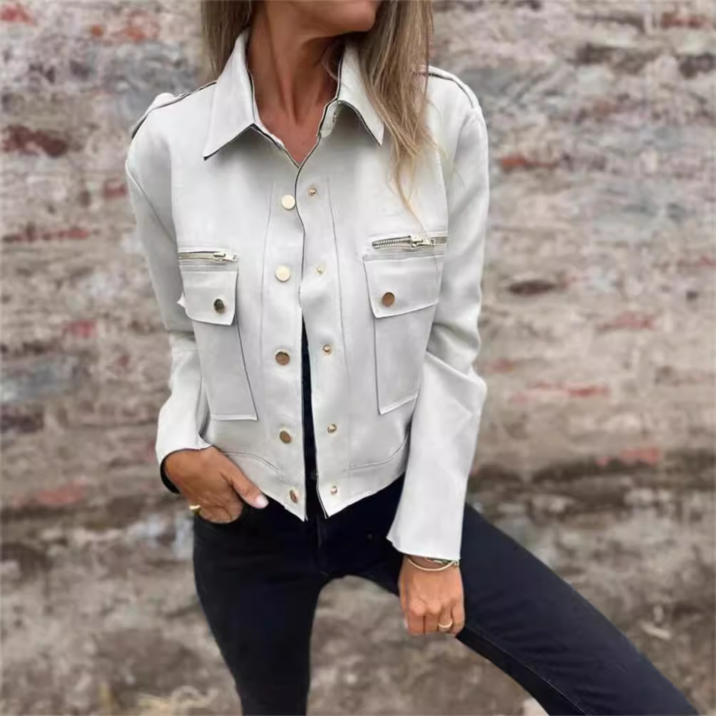 Suede Jacket with Lapel Collar and Metallic Zip