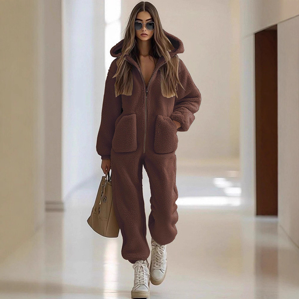 Women's Hooded Fleece Jumpsuit with Pockets Straight Leg Loose Fit
