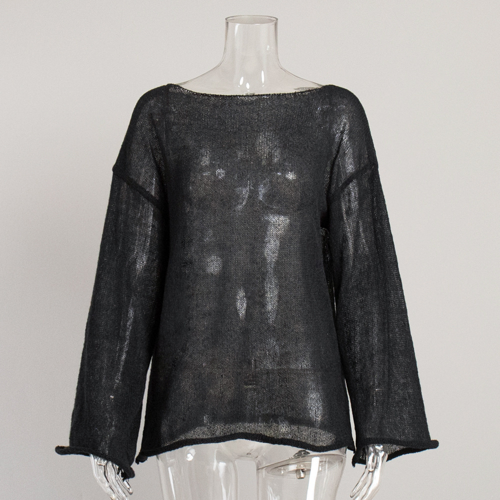 Openwork Knit Top Sheer Crewneck Flared Sleeve