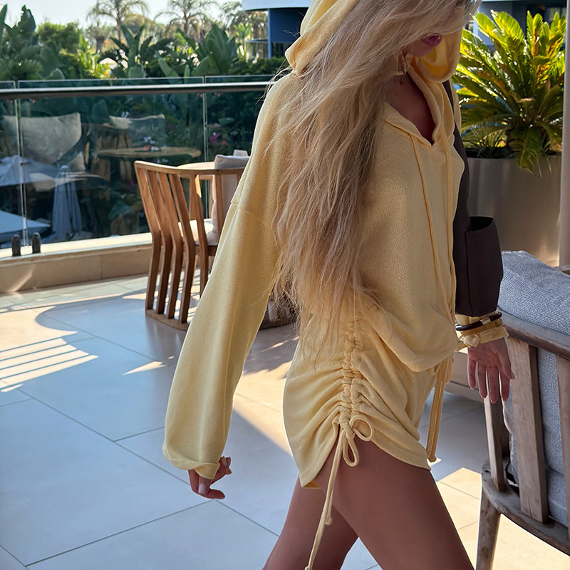 Solid Hooded Long-Sleeve Top & Shorts Set