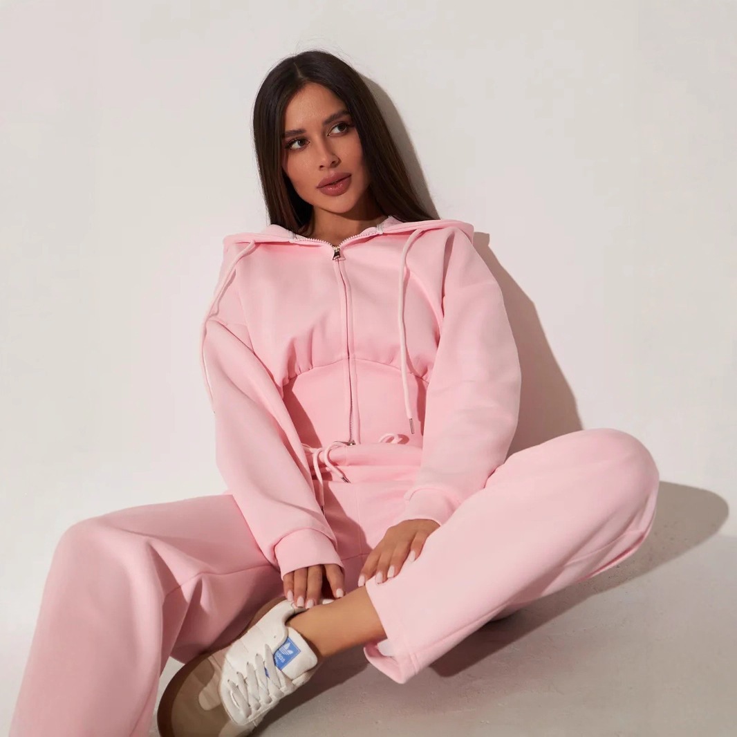 Women's Solid Color Zip Hooded Cardigan and Wide-Leg Pants Two-Piece Set