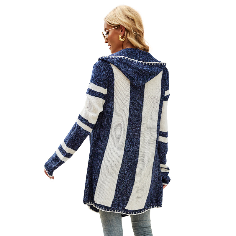 Striped Color-Block Hooded Knit Cardigan with Irregular Long Sleeves