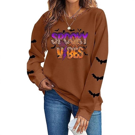 Women's Halloween Ghost Pumpkin Bat Print Crewneck Sweatshirt