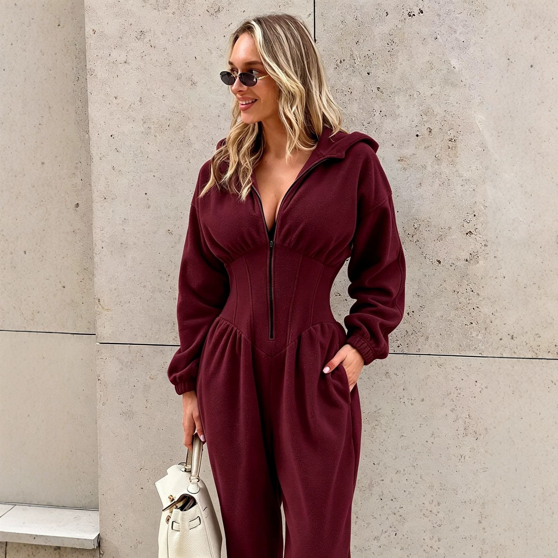 Women's Fleece Hooded Jumpsuit Long Sleeve Cinched Waist Tapered Leg
