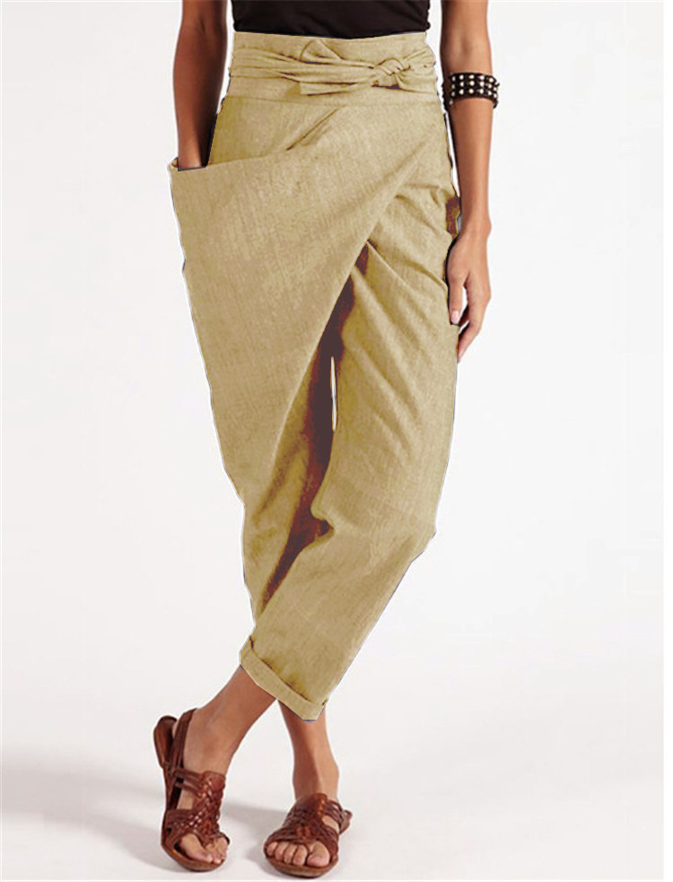 Women's Irregular Tie Straight-Leg Cropped Pants Casual