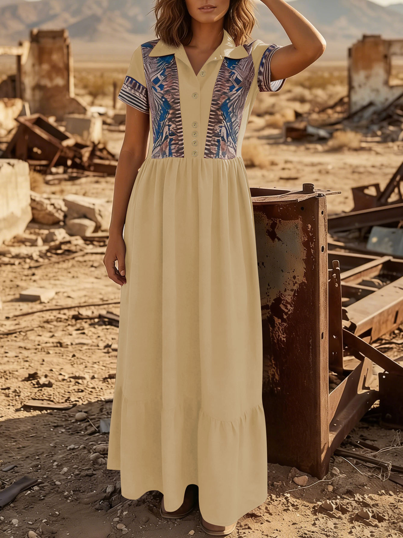 Aztec Print Collared Short Sleeve A-Line Maxi Dress