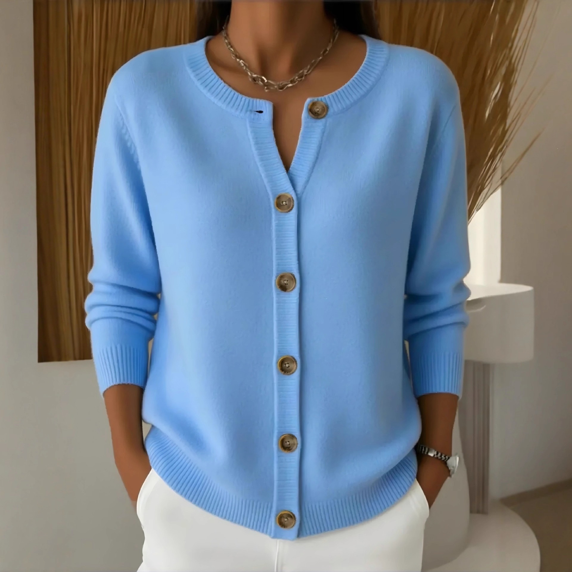 Women's Button-Up Knit Cardigan Crewneck Loose Fit Solid Color