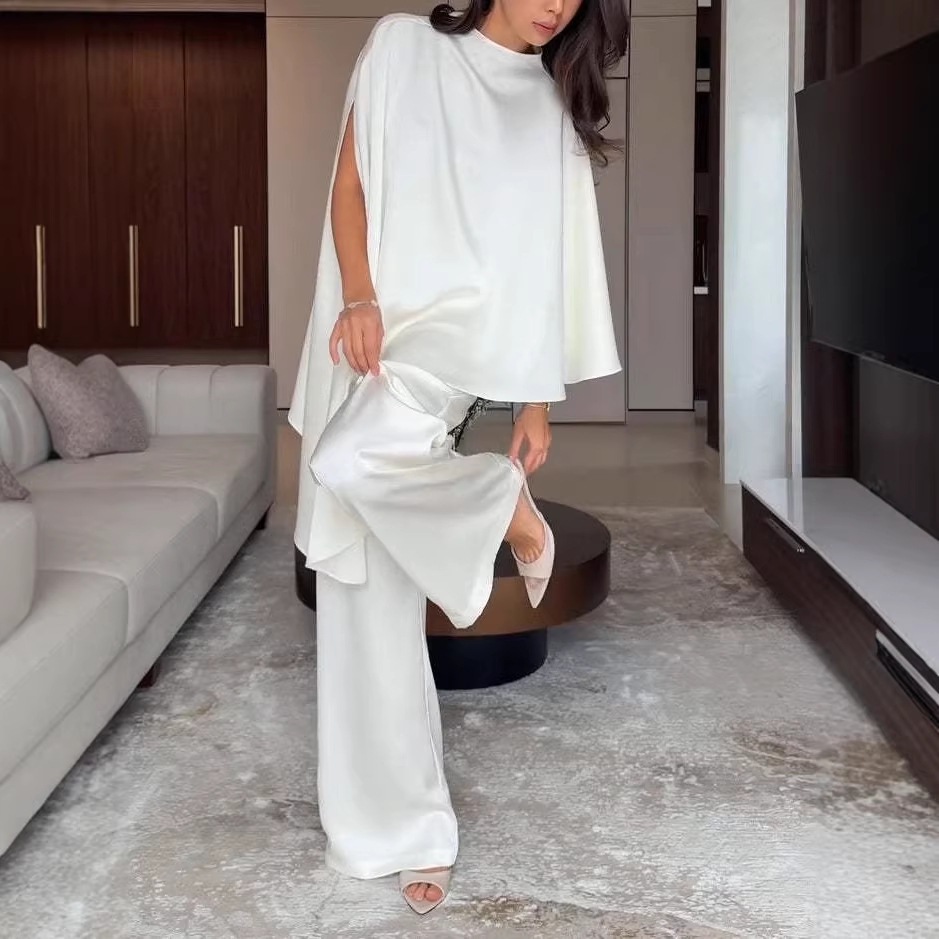 Satin Draped Two-Piece Set with Shawl Top and Wide-Leg Pants