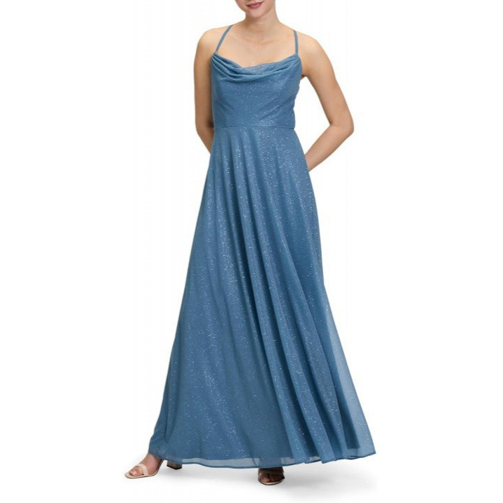 Women's Cowl Neck Sheath Dress Sleeveless Midi A-Line Shimmer Accent