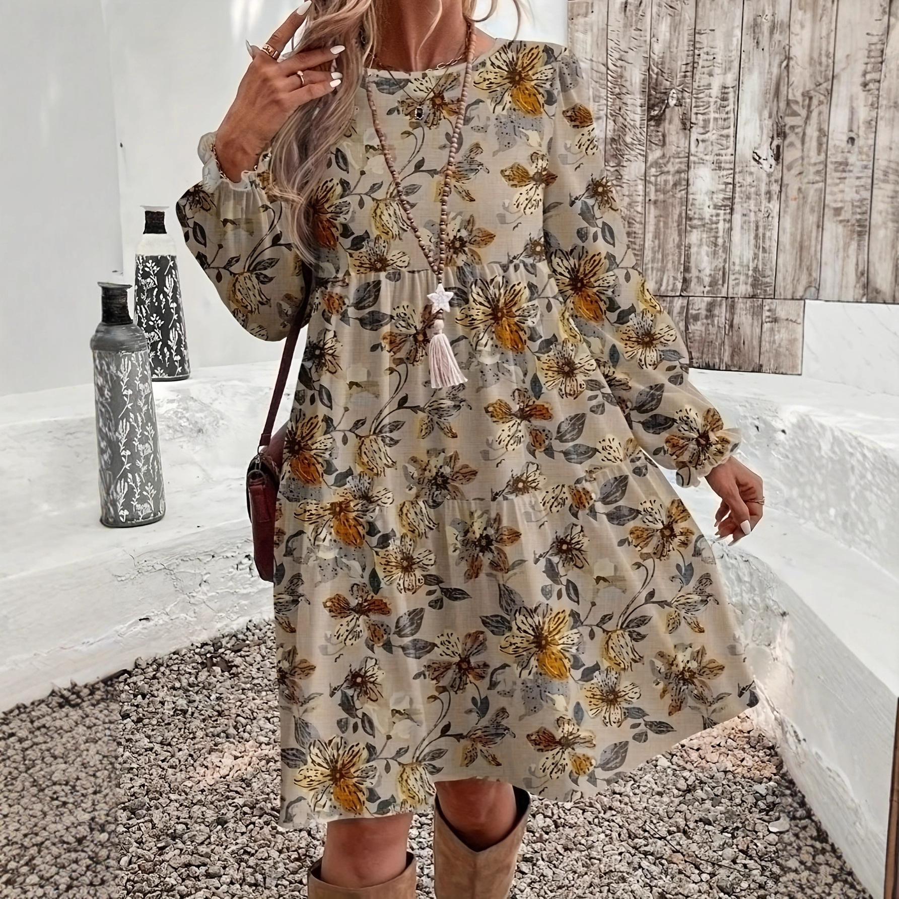 Plus Size Printed Round Neck Midi Dress Loose A-Line Long Sleeve