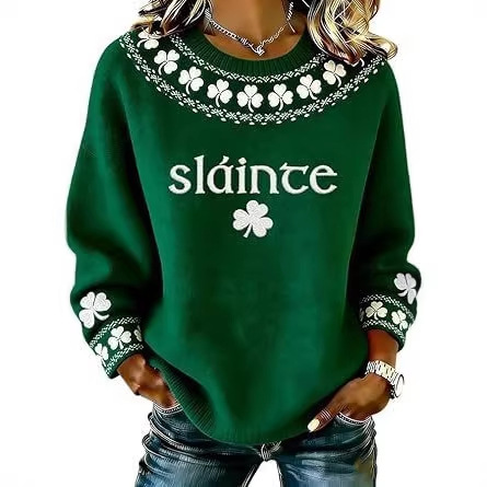 Women's Clover Print Crewneck Sweatshirt Casual Pullover