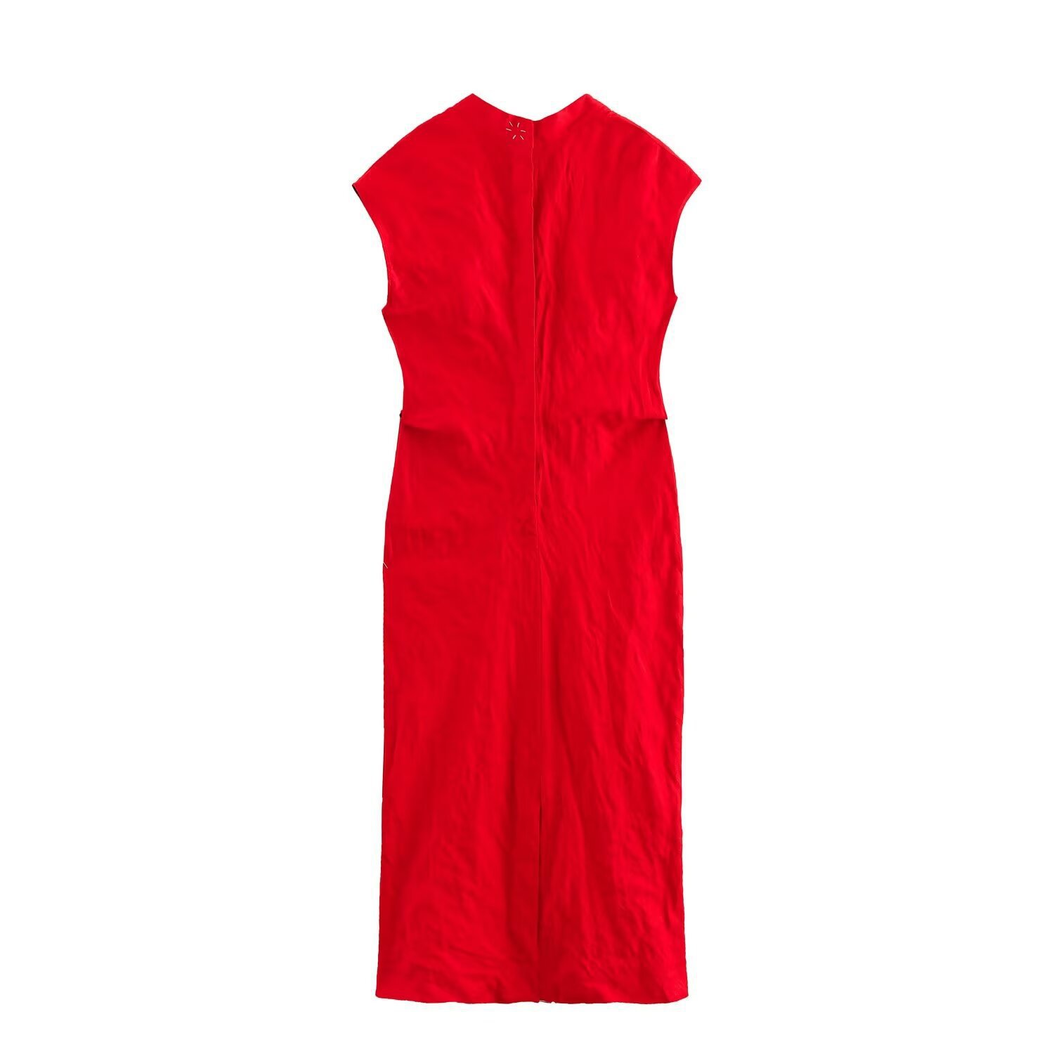 Women's Bow-Accent Wrinkle-Effect Midi Dress Sleeveless Stand Collar