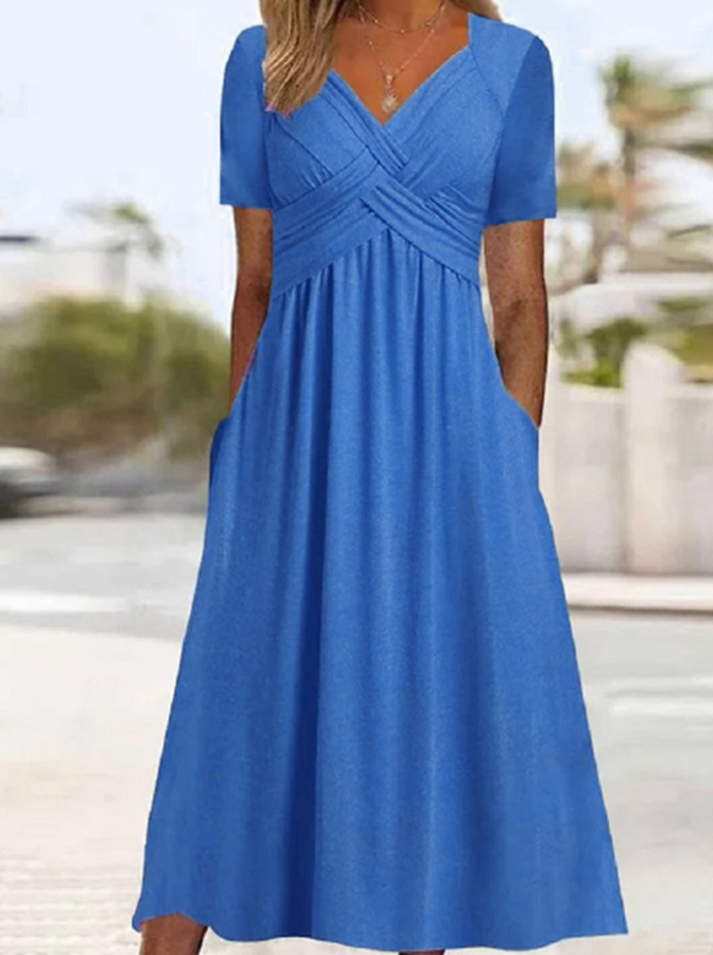 Solid V-Neck Short Sleeve Maxi Dress